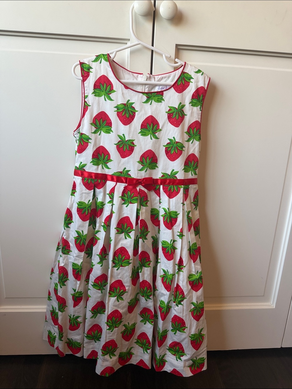 Rachel Riley White Dress with Red Strawberry Print and Green Leaves